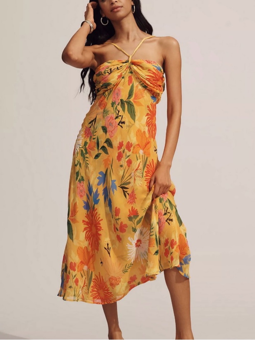 NWT Anthropologie Halter Floral Midi Slip Dress in Yellow Medium Petite